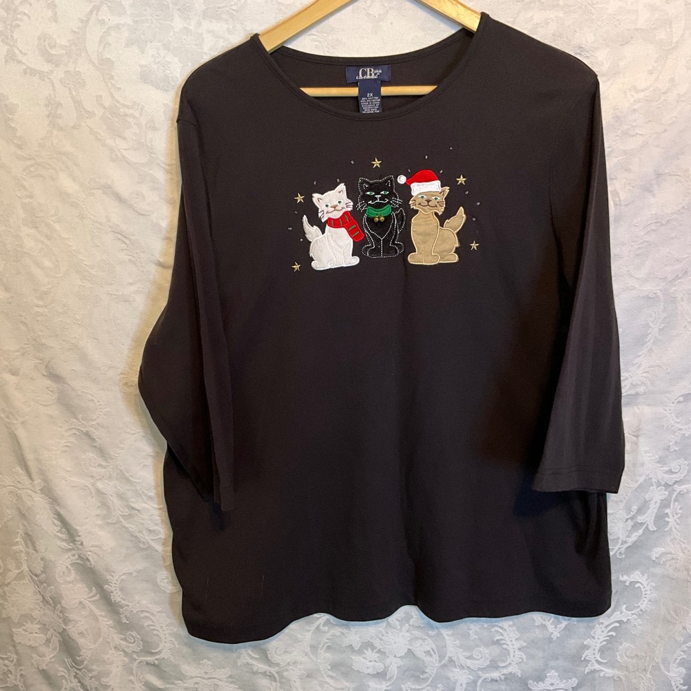 CB Casual Plus Size 2X‎ Black 34 Sleeve Embroidered Cat Christmas Holiday Bells